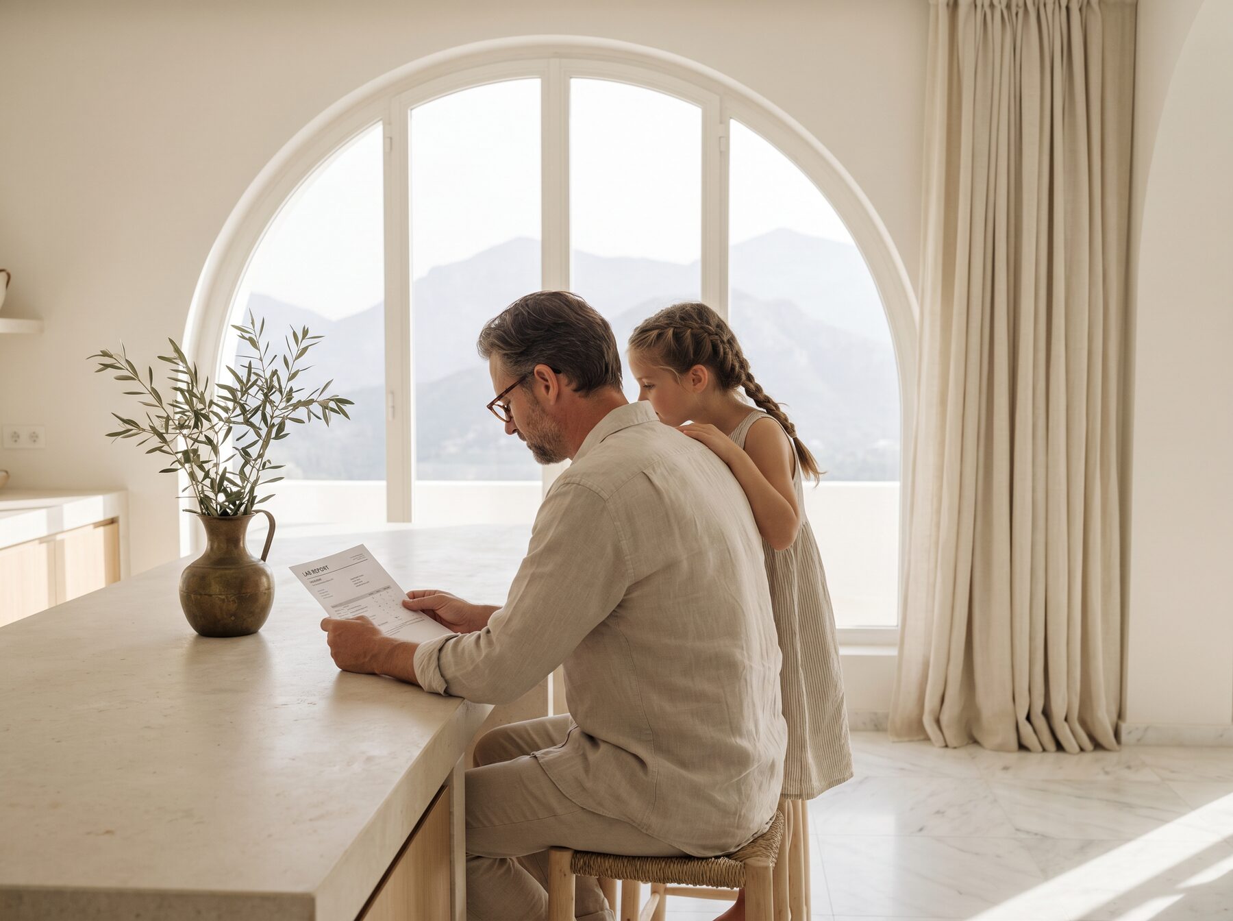 A father reads a lab report at a pale limestone counter by a tall arched window; his young daughter leans against his shoulder, mountains beyond.