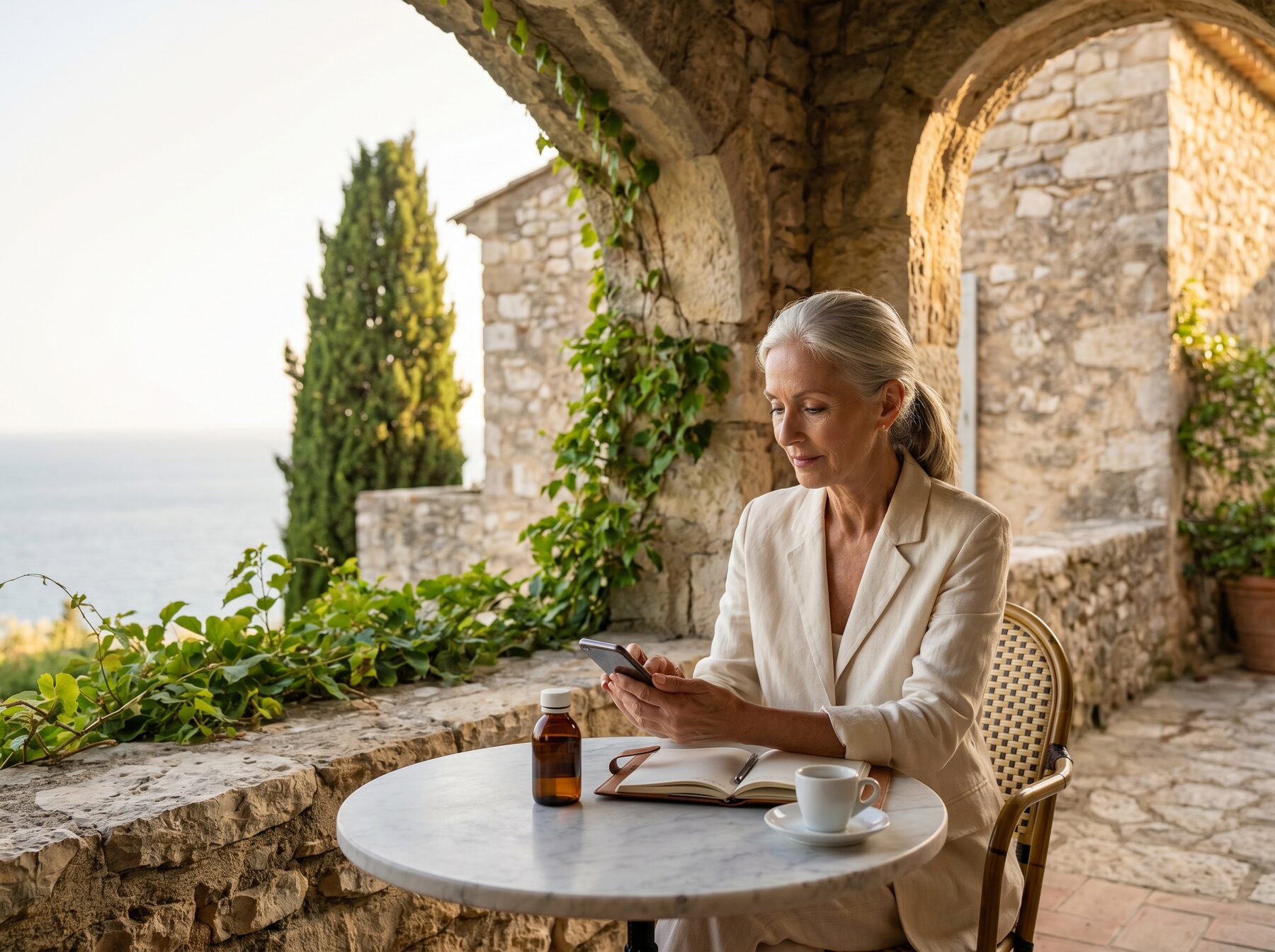 An older woman at a marble cafe table on a stone terrace with cypress and sea beyond, a small pharmacy bottle, notebook, espresso, and phone on the table.