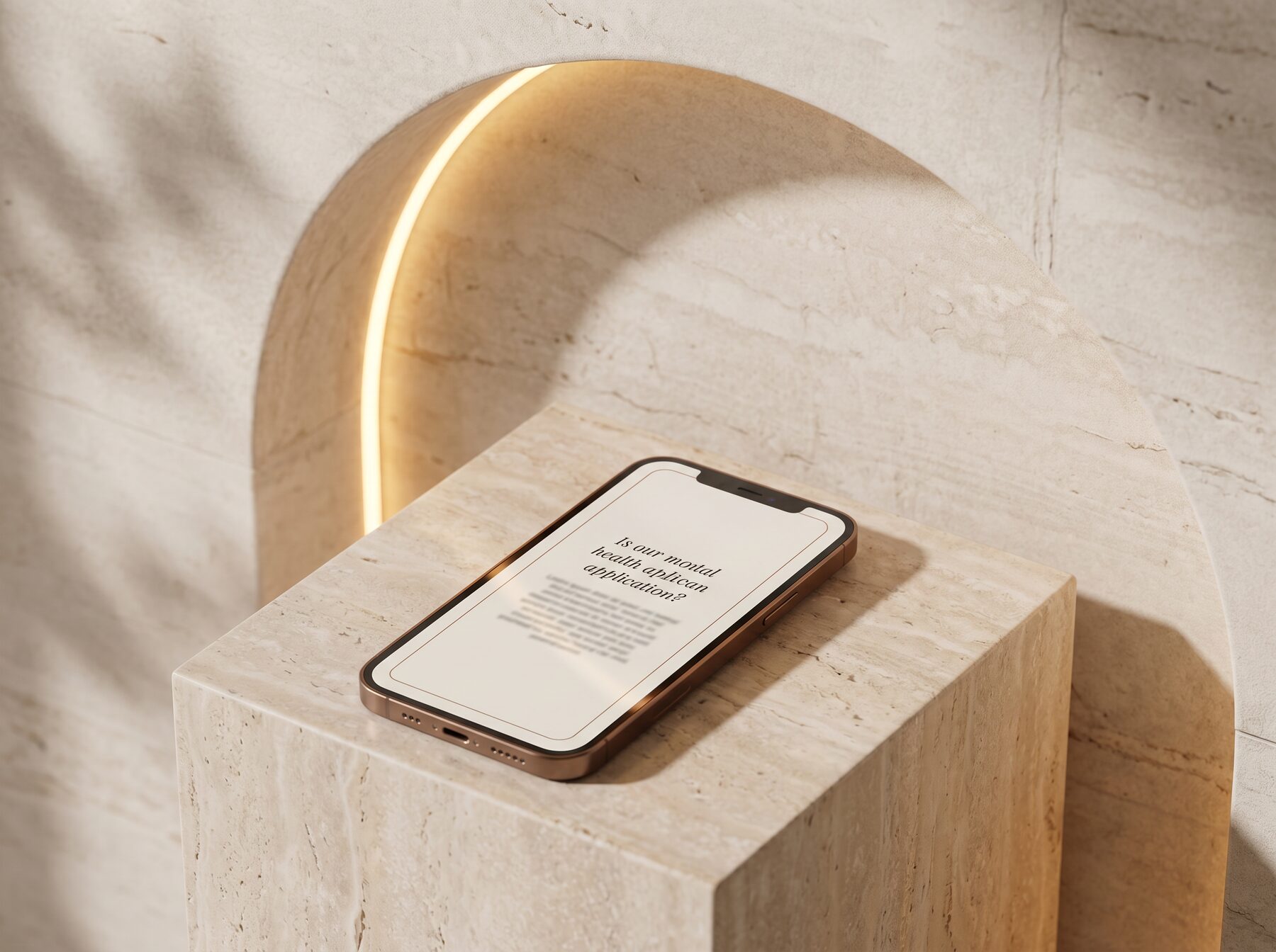 A smartphone on a travertine plinth, its screen showing a plain-language question and answer, beneath an amber arch of integrated light.