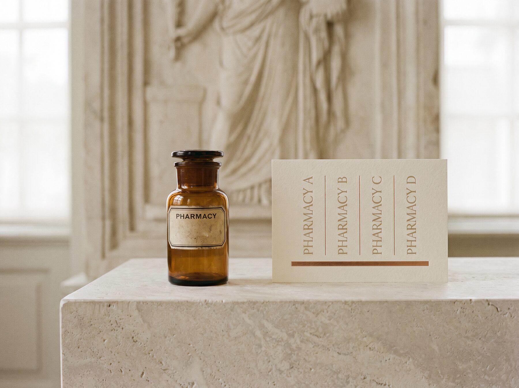 An amber pharmacy bottle beside a printed card listing four pharmacies, set on a limestone plinth with classical relief behind.