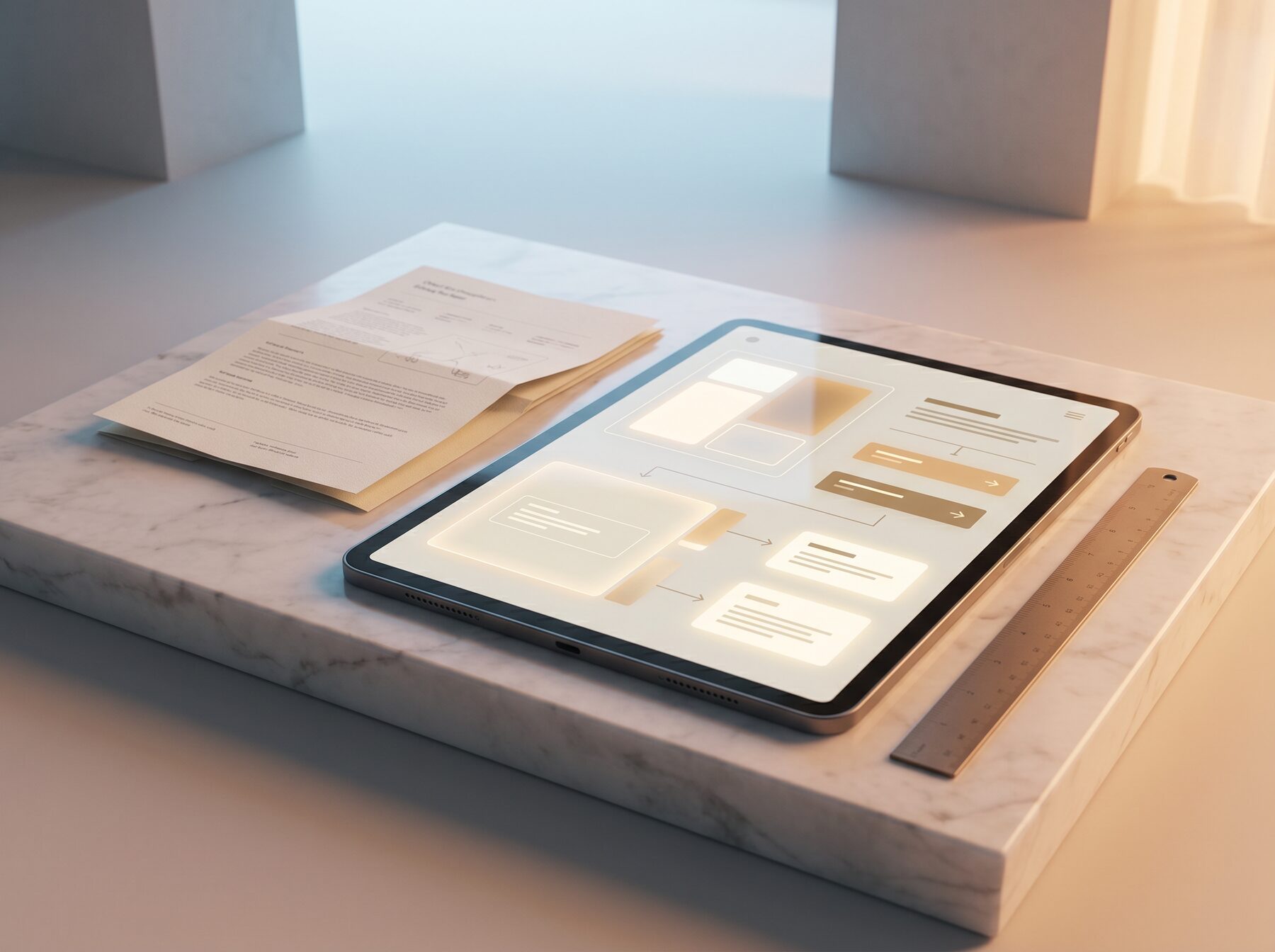 A tablet laid on white marble beside a folded lab report, its screen showing translated panels in ivory and amber, a bronze ruler at the edge.