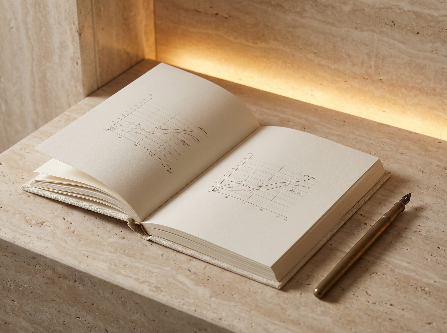 An open ivory notebook on travertine showing delicate bronze-ink line charts, a bronze fountain pen resting beside it, amber light along the stone wall.